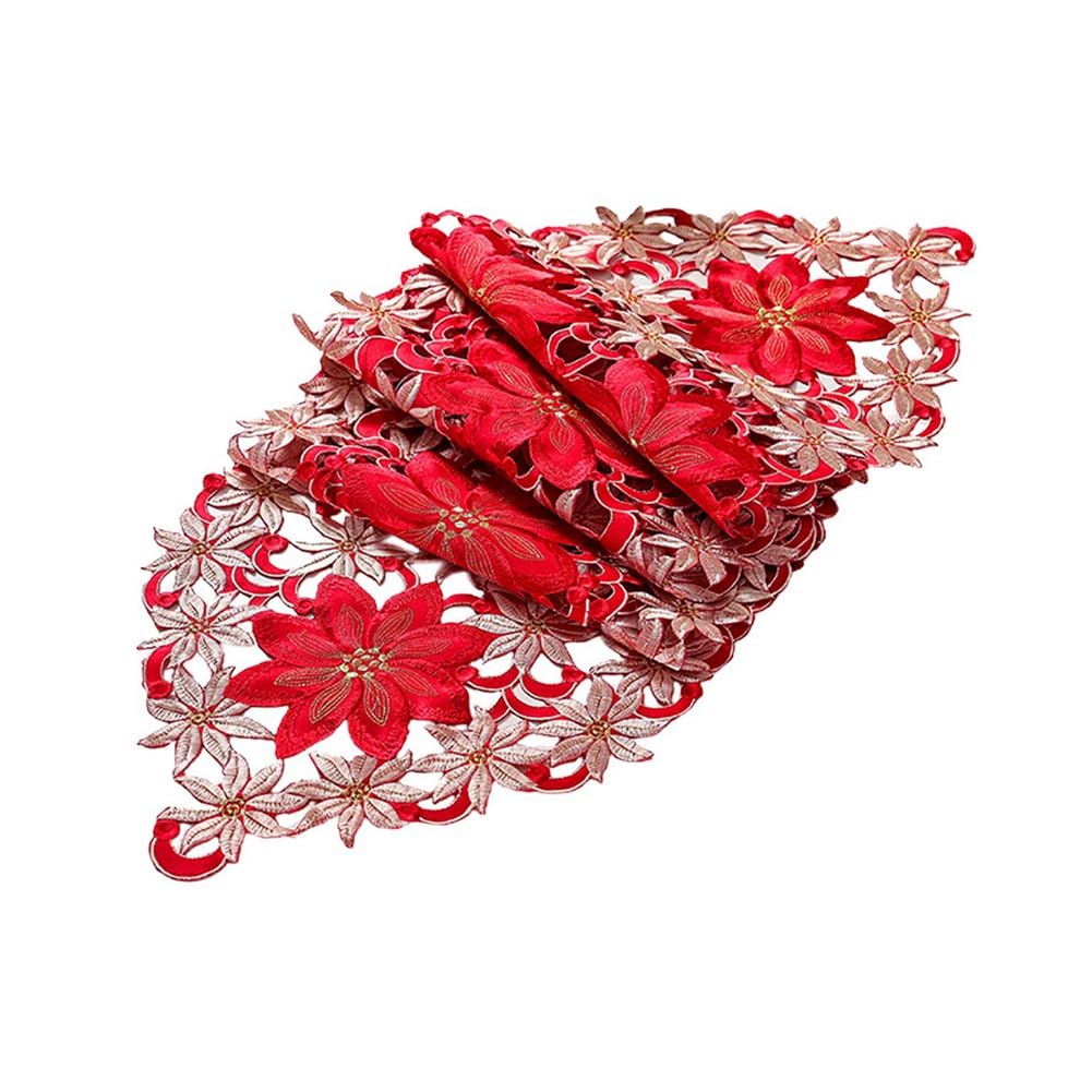 CTRLZS 1 PCS Christmas Table Runner Christmas Decorations Poinsettia Holly Leaf Embroidered Table Linens for Christmas Decorations 15 X 70 Inch