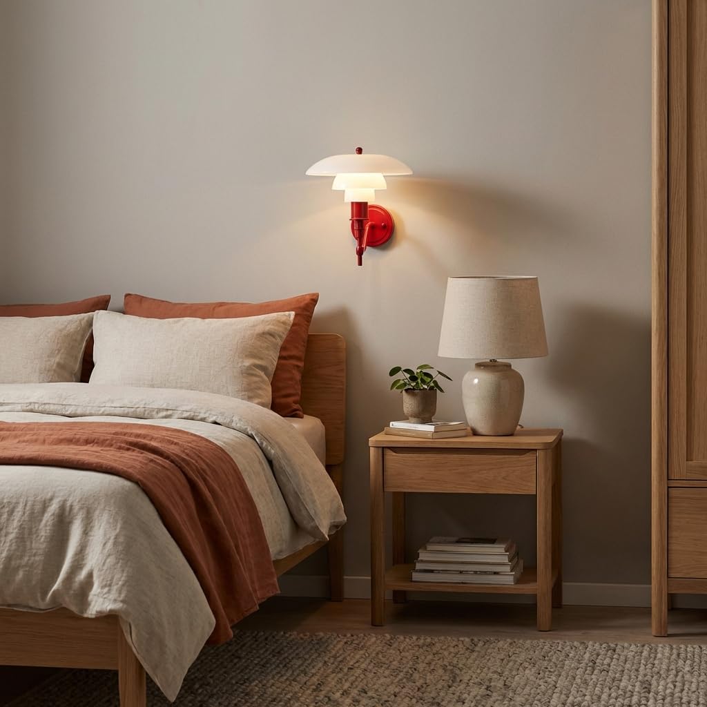 BARCELONA LED Aplique de pared "Marshal" moderno y clásico, lámpara de pared con pantalla de vidrio blanco y cuerpo rojo metálico, diseño elegante, minimalista y lujoso