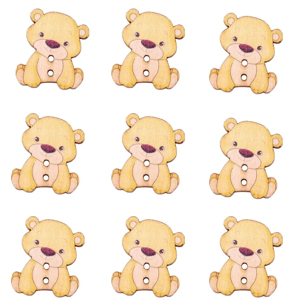 AKOAK 50 Pcs Mixed Color Craft Wood Buttons, Cute Little Bear Shapes Decorative Buttons, Vintage Buttons with 2 Holes for DIY Sewing Crafts