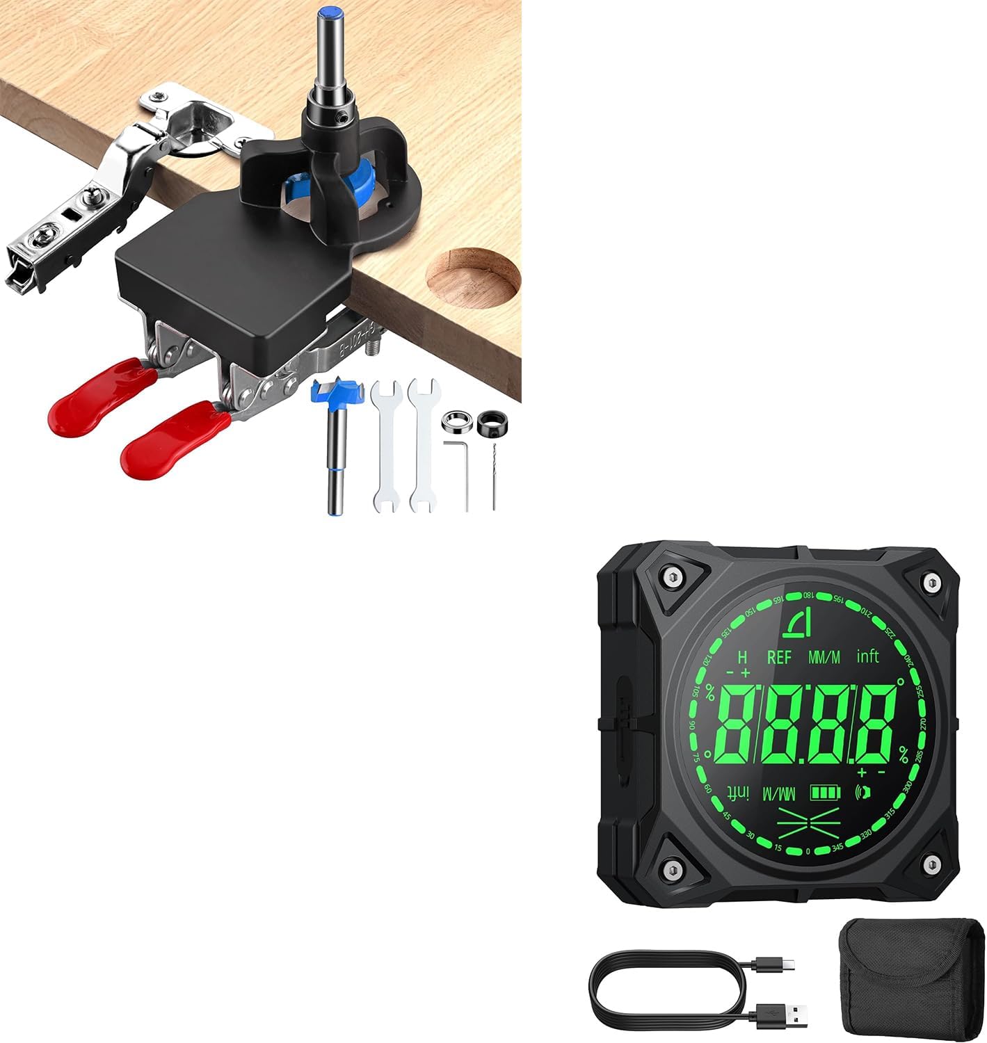 Professional Cabinet Making Kit: 35mm Concealed Hinge Jig & 4-Side Magnetic Digital Angle Gauge, for Precision Door Hanging, Cabinet Assembly, Table Saw Setup