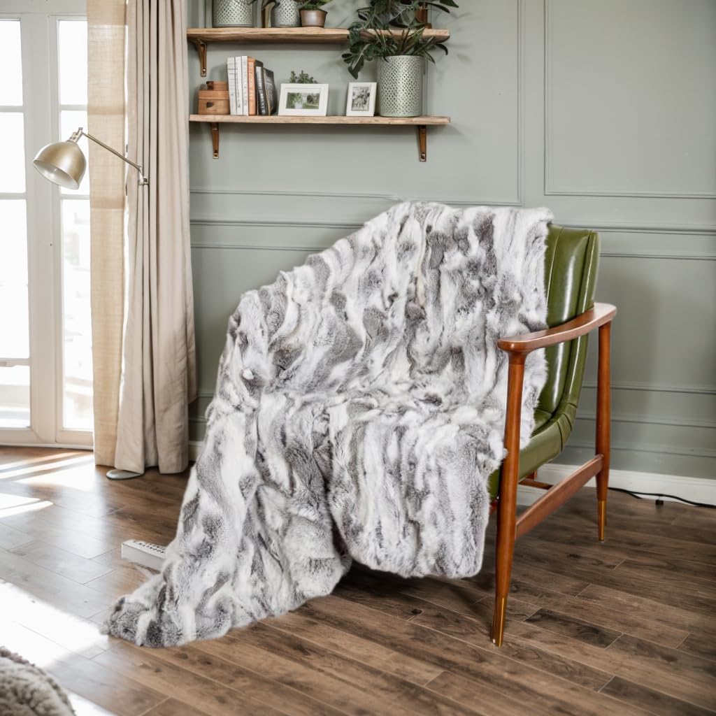 Luxury Rex Rabbit Fur Hide Throw Blanket - Ultra Soft Fluffy Rex Rabbit Skin Fur Plush Cozy Blanket for Couch, Bed & Sofa, Thick Warm Fuzzy Blanket 60x80 Inches, Black