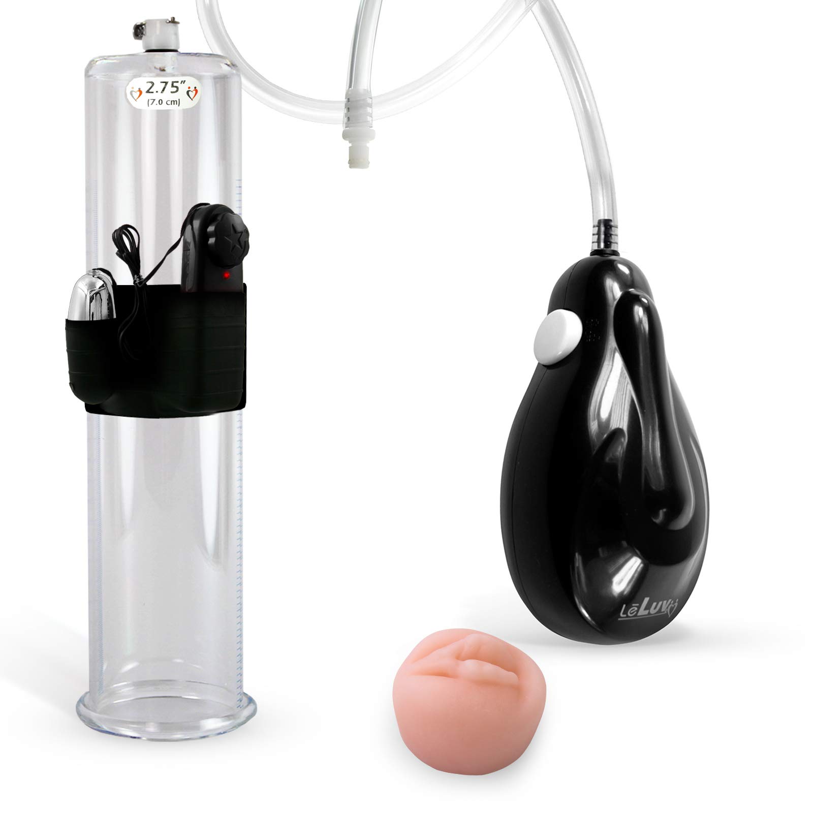 Bomba de pene eléctrica de mano LeLuv eGrip negra con sello de silicona suave tipo dona, cilindro de 12 x 2,75 pulgadas con accesorio vibratorio