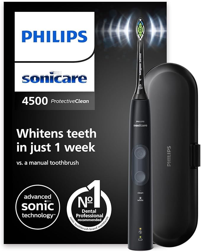 Philips Sonicare ProtectiveClean 4500 cepillo dental eléctrico, sónico con 2 modos de cepillado, sensor de presión, temporizador y estuche de viaje, negro, modelo HX6830/53