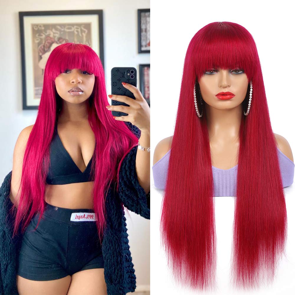 Amazon.com : X-TRESS Burgundy Human Hair Wigs with Bang Brazilian Hair Long  Red wig with Bangs None Lace Front Glueless Machine Made Huaman hair Bang  Wigs For Black Women (22 Inch,Burgundy) :