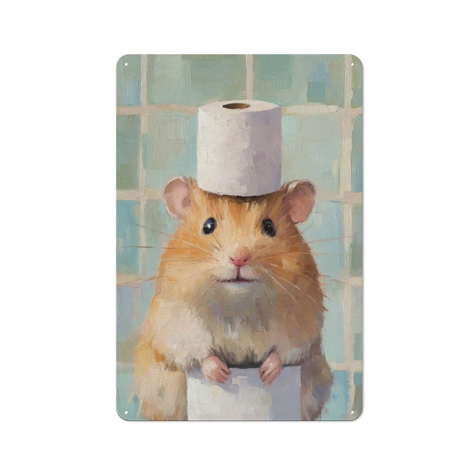 Junmoney Hamster With Toilet Paper Hat Printed Metal Sign 30X20cm For Café Or Restaurant, For Hospitality Interior Collectors