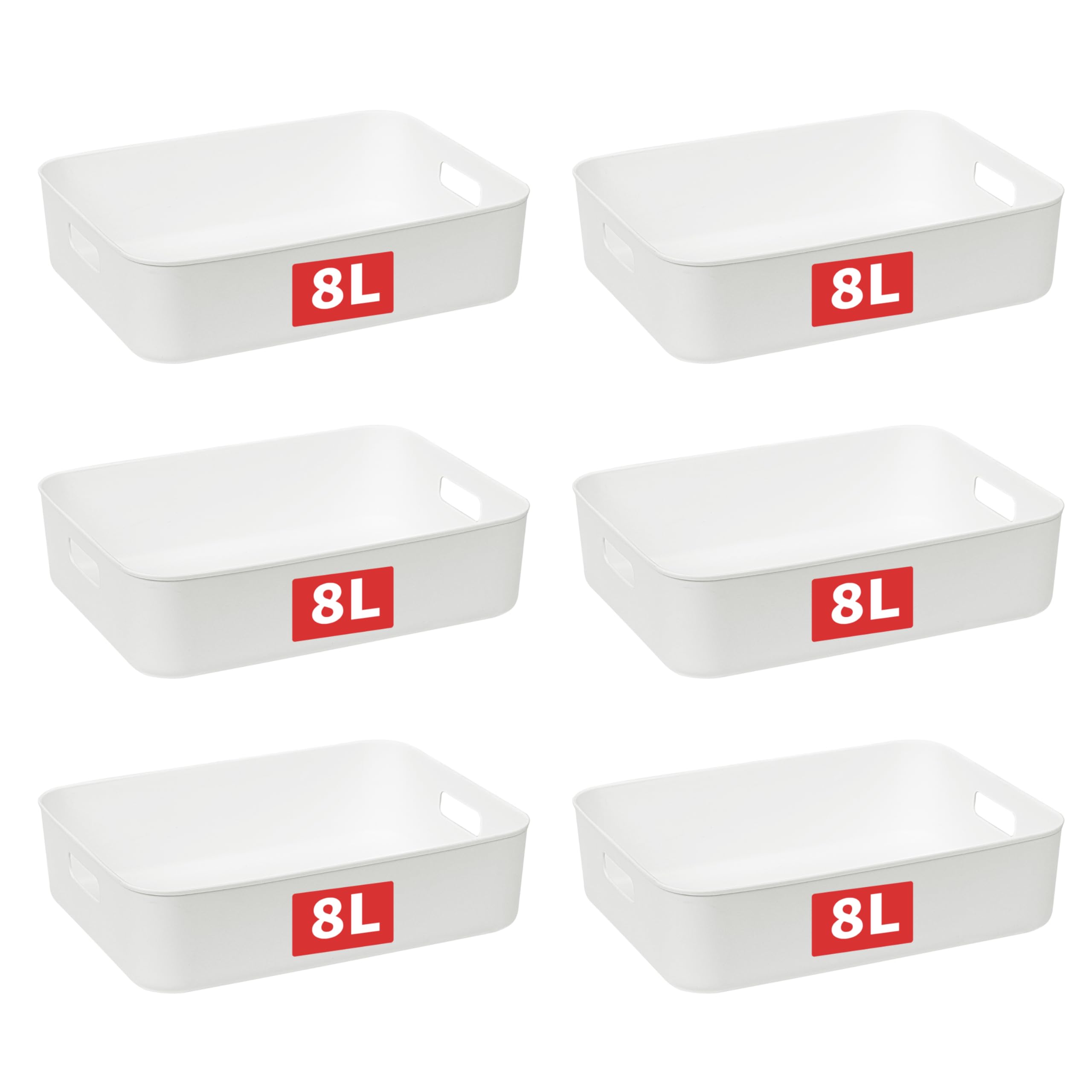 Cetomo 8L*6 Storage Basket, Plastic Open Storage Box, Containers for Shelves, Organizers with Handles for Office, Countertops, Cabinets, PP, BPA Free, White, 8L-6 Pack (35*27*9cm)