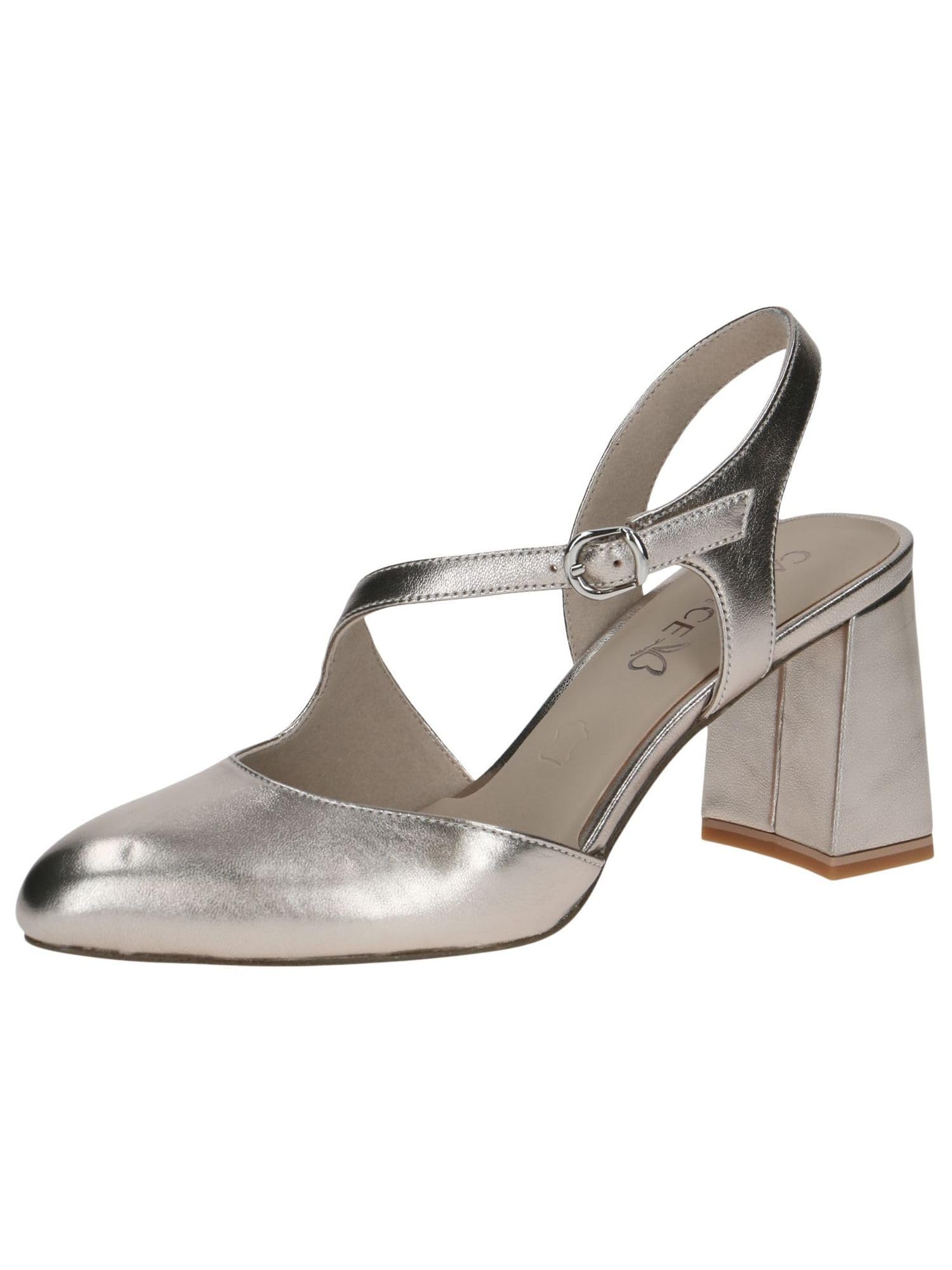 CAPRICE Women Slingback Pumps Leather Trapeze Heel, Beige (Taupe Metallic), 4 UK
