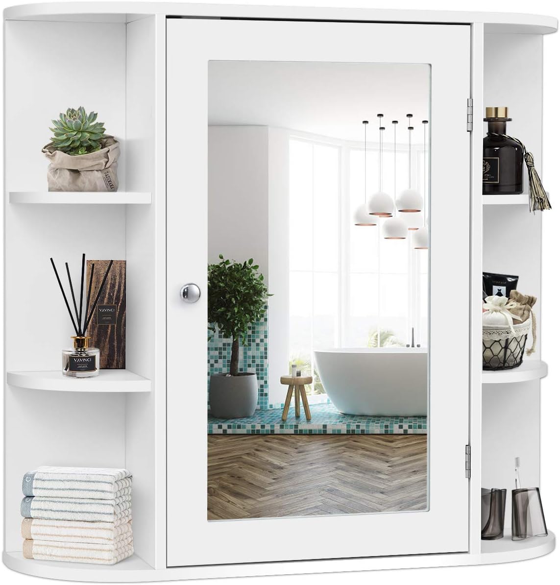 Amazon Com Tangkula Bathroom Cabinet Single Door Wall Mounted Medicine Cabinet With Mirror 4 Tiers Inner Shelves Kitchen Dining