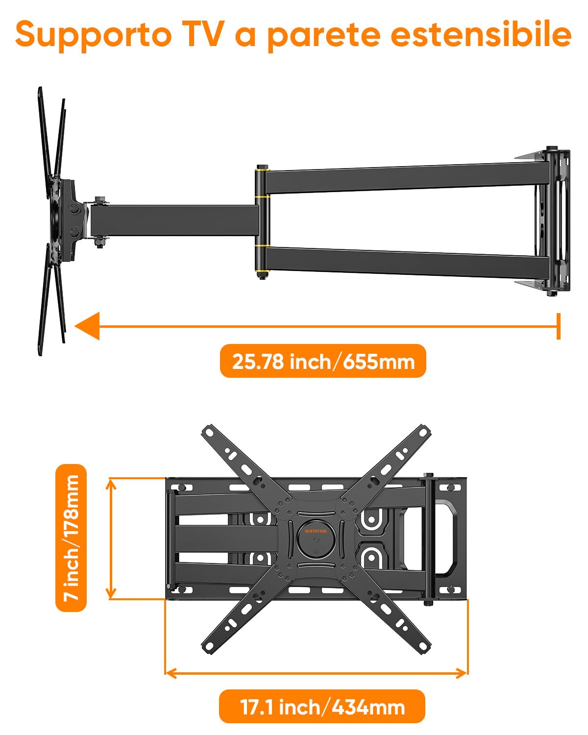 Supporto TV Parete con Braccio Girevole ed Estendibile di 655mm, 180° Rotazione Supporto TV Monitor per LCD/LED da 13 a 50 Pollici fino a 35kg, Max VESA 300x300mm