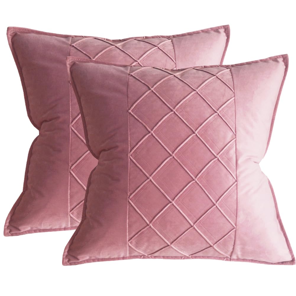 Lutanky Patchwork Design Velvet Cushion Covers 18x18inch Pink Decorative Square Throw Pillow Covers for Sofa Bedroom Home Accessories 45x45cm Soft Pillow Cases Set of 2