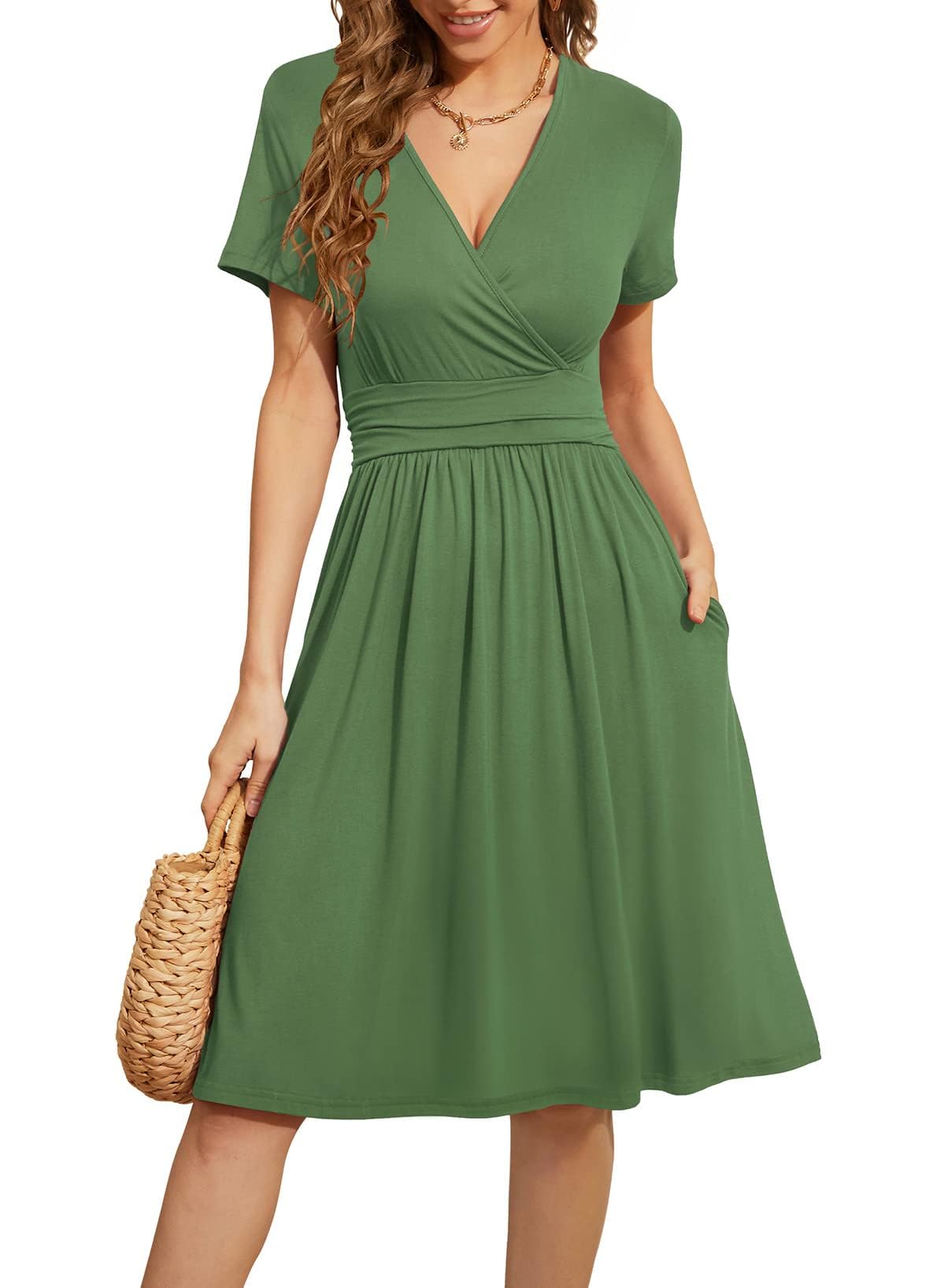 Actcat V-Ausschnitt Kleid Kurzarm Casual Kleider Sommerkleid mit Taschen | mit Taschen,Wrap,Elegant,a linie,Freizeitkleid,Floral Kleid