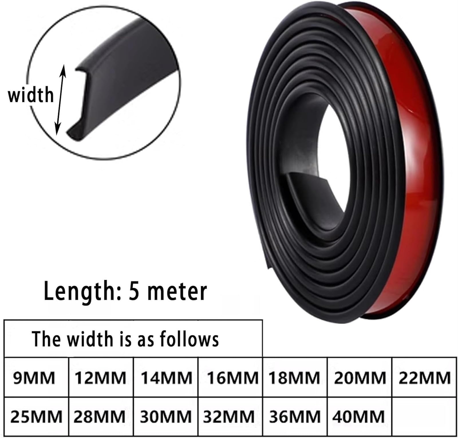 Obrzeża w kształcie litery U, Samoprzylepna okleiniarka krawędziowa TPE w kształcie litery U, wielokolorowa, szerokość 9-40 mm, długość 5 m(Black,40mm)