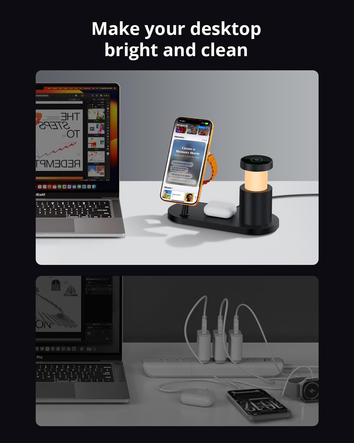 GEEKERA 25W Fast 4-in-1 Ladestation: Mag-Safe kabelloses Ladegerät, induktive Schnellladegerät mit Nachtlicht für iPhone 17 16 15 14 13 12, Apple Watch 11-2, AirPods, inkl. Ladekabel & 45W Netzteil