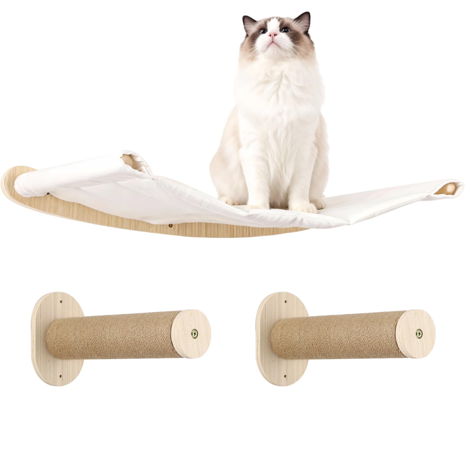 Generisch Amaca per gatti da parete, letto per gatti in legno con tiragraffi, set da parete per arrampicata per gatti, comodo tessuto traspirante, salvaspazio, design moderno, 54,61 x 36 cm