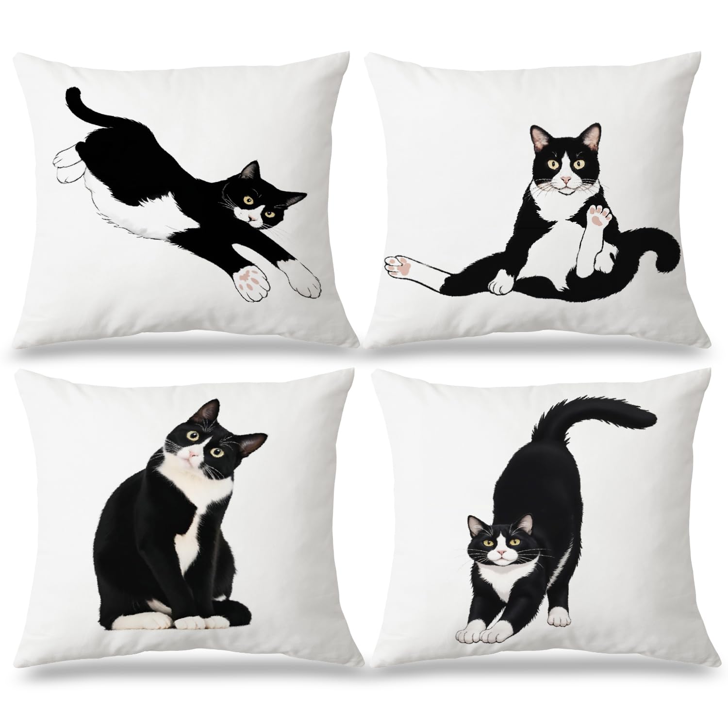 JINYO Funny Tuxedo Cat Pillow Covers 18x18 Set of 4 Cute Black and White Kitten Decorative Throw Pillow