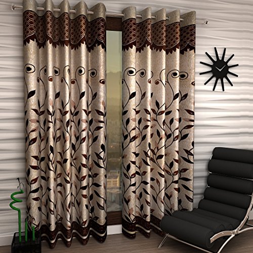 Image of Home Sizzler Floral 2 Piece Eyelet Polyester Window Curtain Set - 5ft, Brown