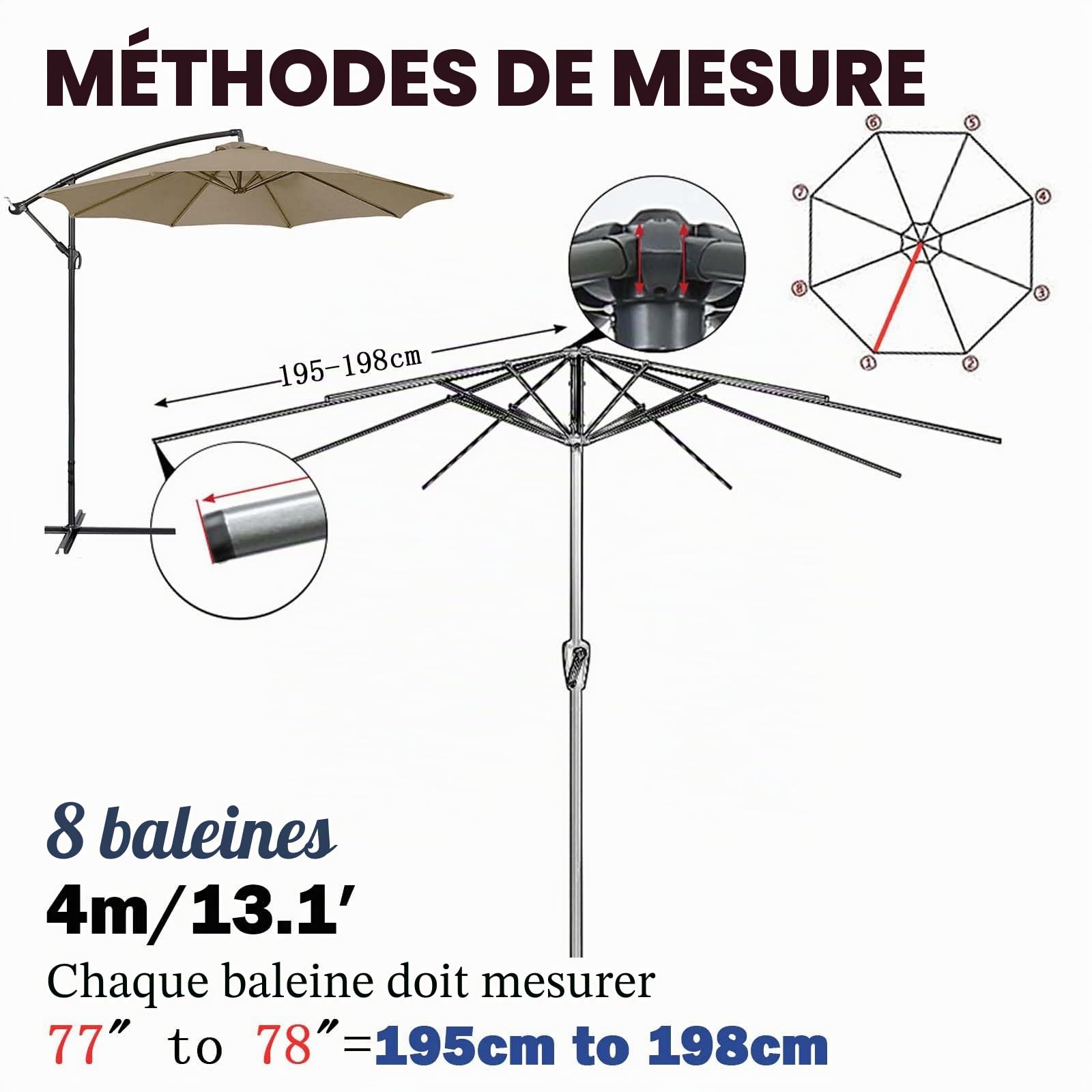 Auvent De Remplacement pour Parasol 4m-8 Baleines, Housse Parasol Imperméable Protection UV, Pour Cour, Jardin, Plage
