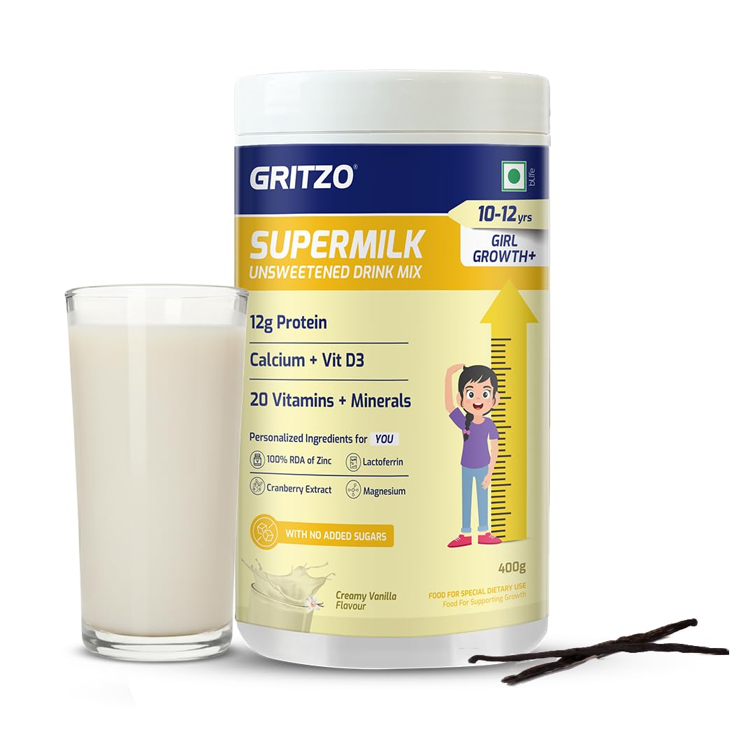 Gritzo Supermilk Growth+ (Formerly Height+) Unsweetened Drink Mix (10-12y Girls), 12g Protein Powder (Creamy Vanilla, 400g)-image-7