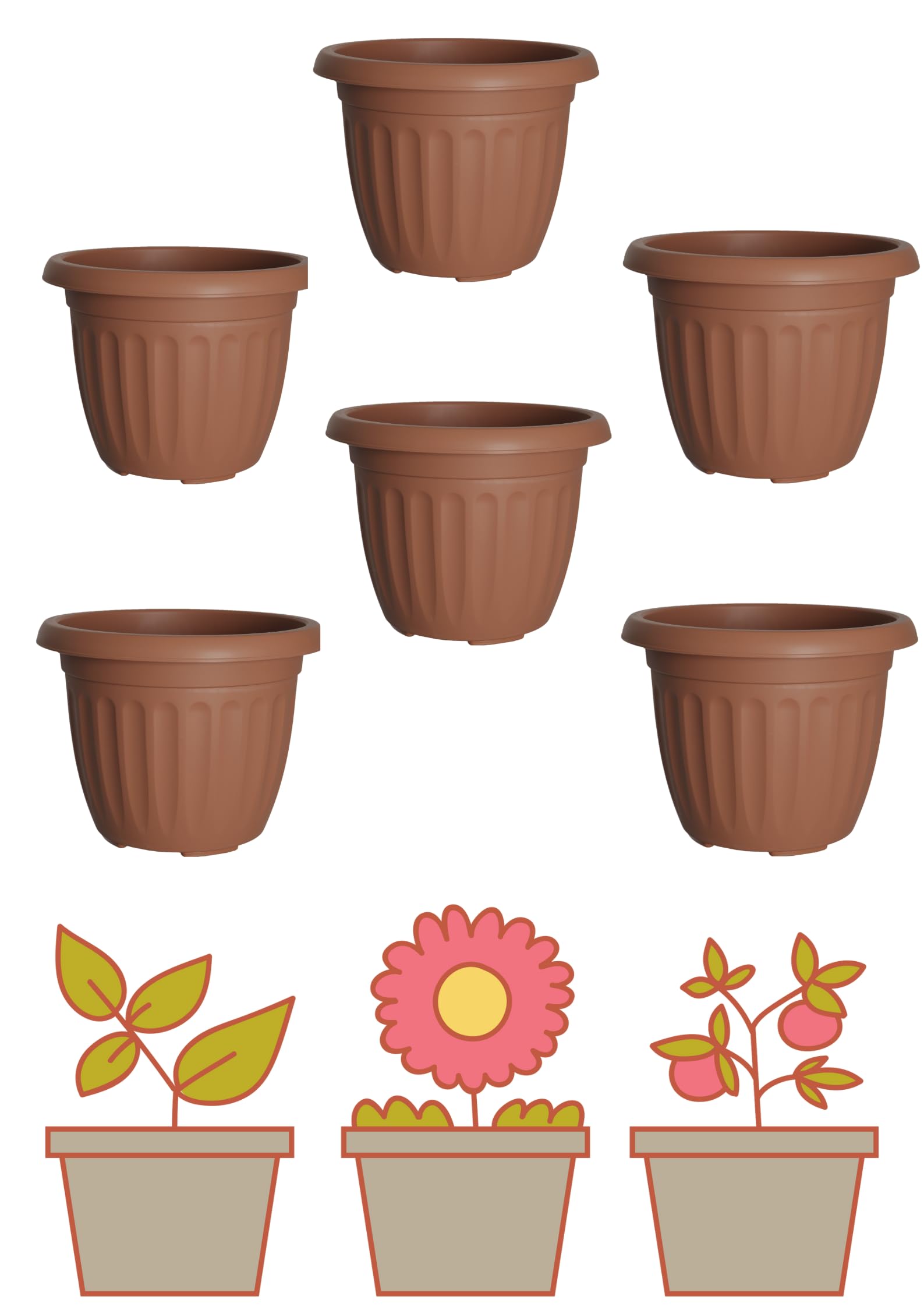 Pack of 6 ร 30cm Athens Round Planters โ Terracotta Plastic Garden Plant Pots, Classic Ribbed Design, Lightweight & Weather-Resistant, Indoor & Outdoor Use, Approx. 10L Capacity Each (30 ร 30 ร 22 cm)