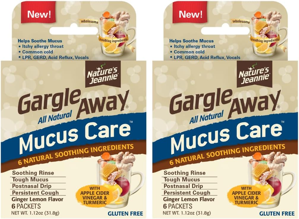 Natureโs Jeannieยฎ Gargle Awayยฎ Mucus Careยฎ โ Natural Botanical Throat Rinse for Mucus-Related Discomfort, Post-Nasal Drip & Vocal Clarity โ Ginger Turmeric Lemon Flavor โ 12 Count (2 Packs of 6)