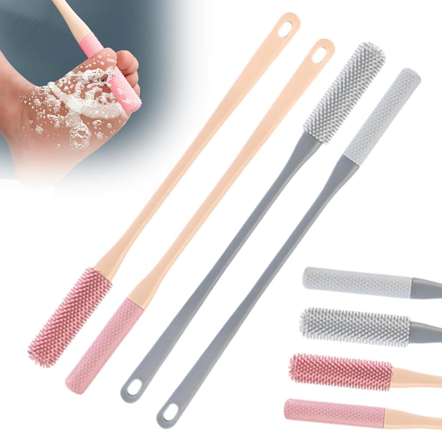 Long Handled Silicone Toe Cleaner, Soft Rubber Brush, Exfoliating Foot Scrubber for Shower - Seniors, Men and Women (Gray)
