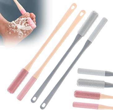 Long Handled Silicone Toe Gap Cleaning Brush, Soft Rubber Exfoliating Foot Scrubber for Shower, Crevice Cleaner for Seniors, Elderly, Men and Women Pink+Grey