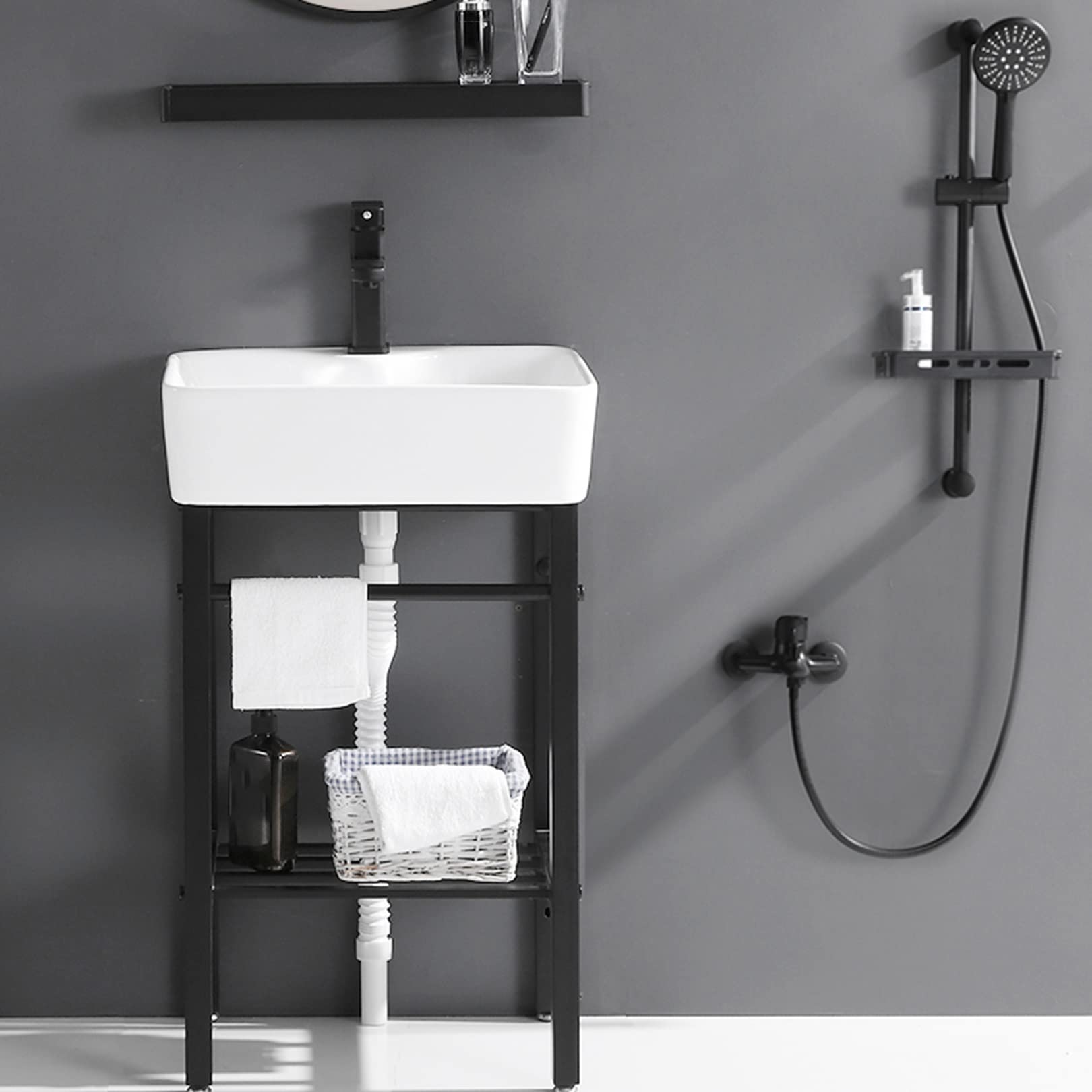 Lavabo de baño familiar exquisito de cerámica blanca para la familia, exquisito lavabo con pedestal independiente, lavadero familiar, exquisito lavabo de porcelana, blanco, 48 x 37 cm