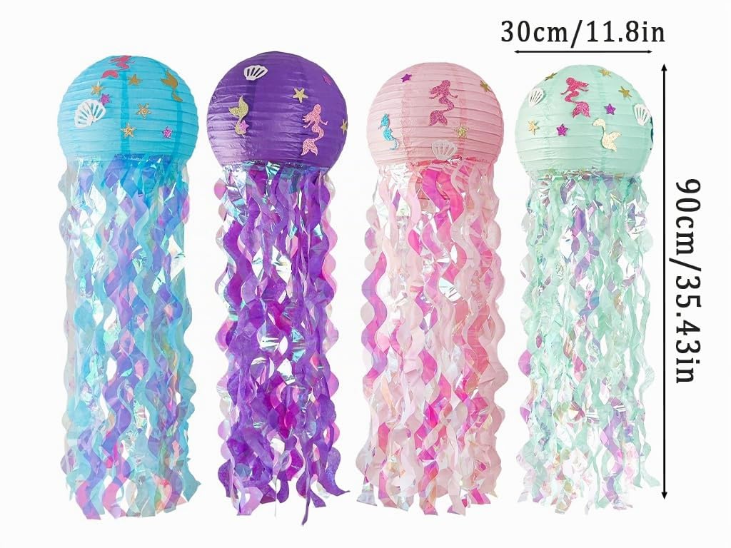 4 Stück Meerjungfrauen Papier Laterne,Quallen Papierlaternen,Papier Laterne,Hängedekoration Papier Lampions,Meerjungfrau Papierlaternen Deko,Partyzubehör mit Meeresmotiven Ozean Thema Party
