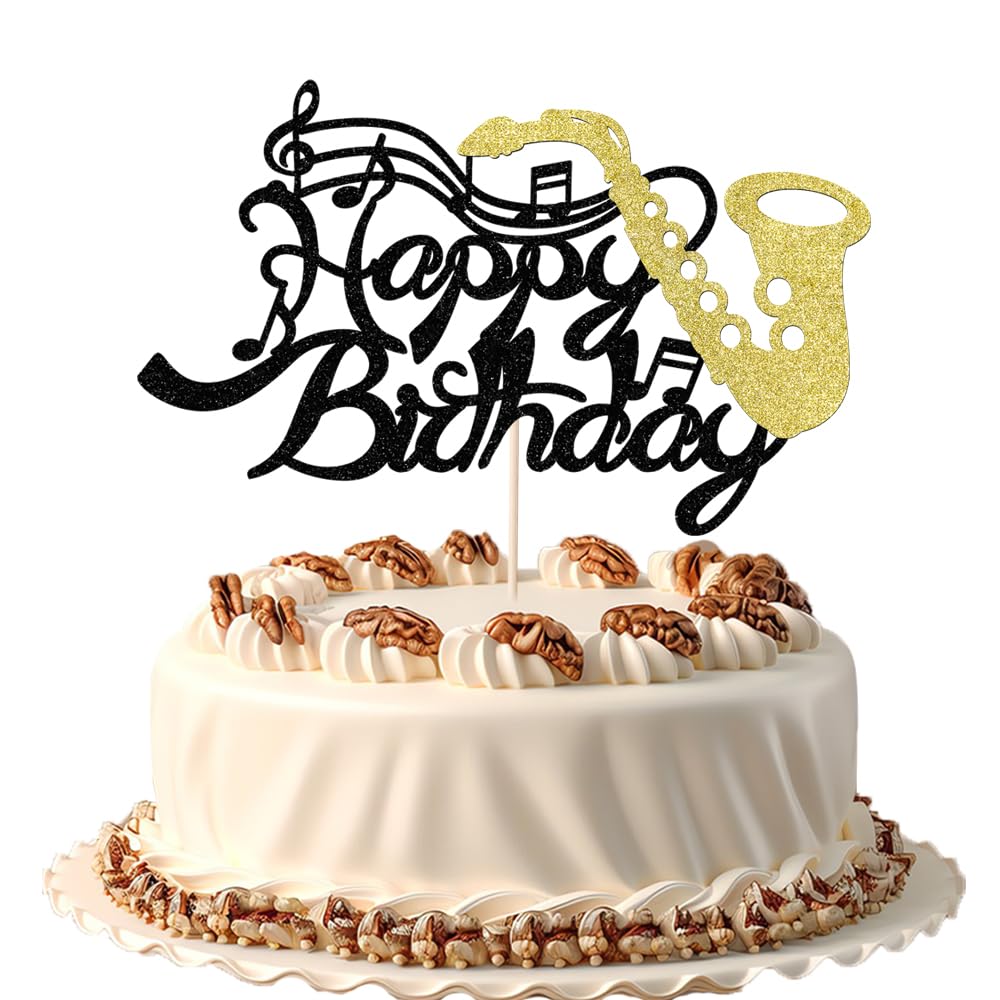 FmiyunEea Saxophone Happy Birthday Cake Topper, Glitter Saxophone Musical Notes, Music Lovers Band Themed Party Supplies(saxophone)