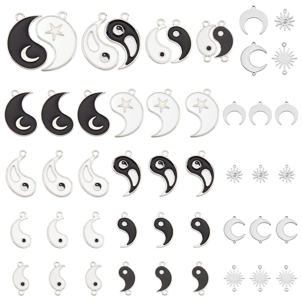 PH PandaHall 48pcs Yin Yang Enamel Pendants, Tai Ji Link Connectors with Sun Moon Charms Alloy Yoga Pendants for Couple Friendship Bracelet Necklace Earrings Jewelry Making