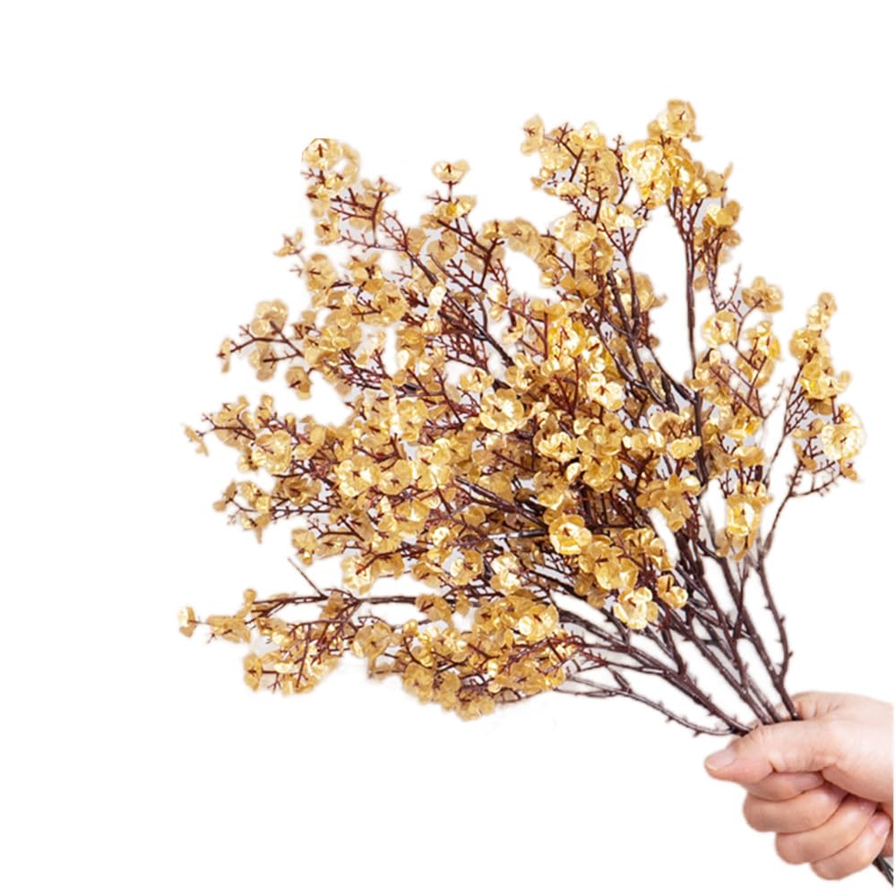 XZJMY 8Pcs Gypsophila Artificial Flowers,Babys Breath Silk Artificial Flowers Artificial Fall Flowers,Fake flower with Stem for DIY Home Bouquet Floral Arrangement Farmhouse Decor (Gold)