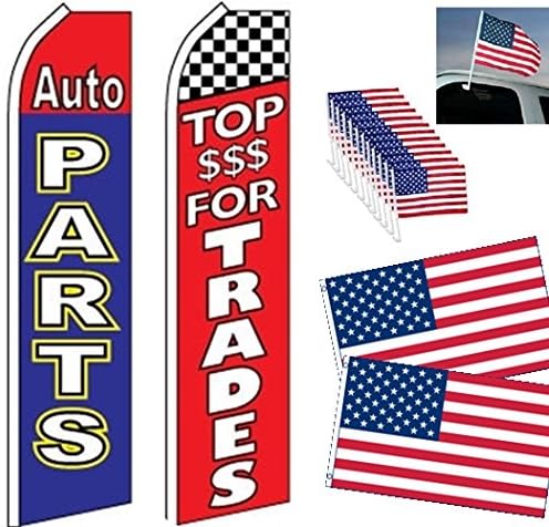 Car Auto Dealer Swooper Flag combo-Parts-Top $ for Trades-12 US Window-2 US 3X5