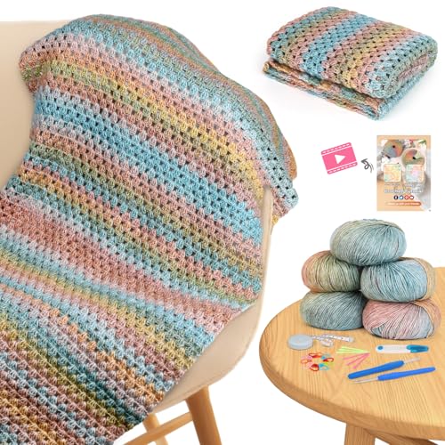 Image of Aeelike Blanket Crochet Kit for Beginners, Super Easy Crochet Blanket Kit with Soft & Colorful Gradient Yarns Detailed Video Tutorials Crocheting Accessories, Classical Gradient & Ideal Gift