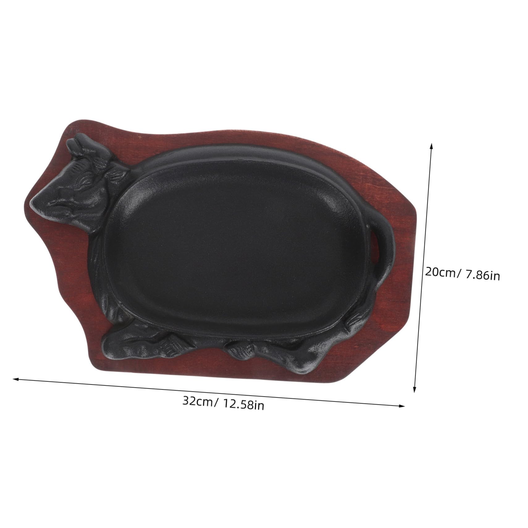 Piastra Bistecca in Ghisa Nera, Set 1 Pezzo Vassoio | Legno Incluso, Forma a Bue, Bordi Lisci senza Sbavature, Leggera e Facile da Trasportare