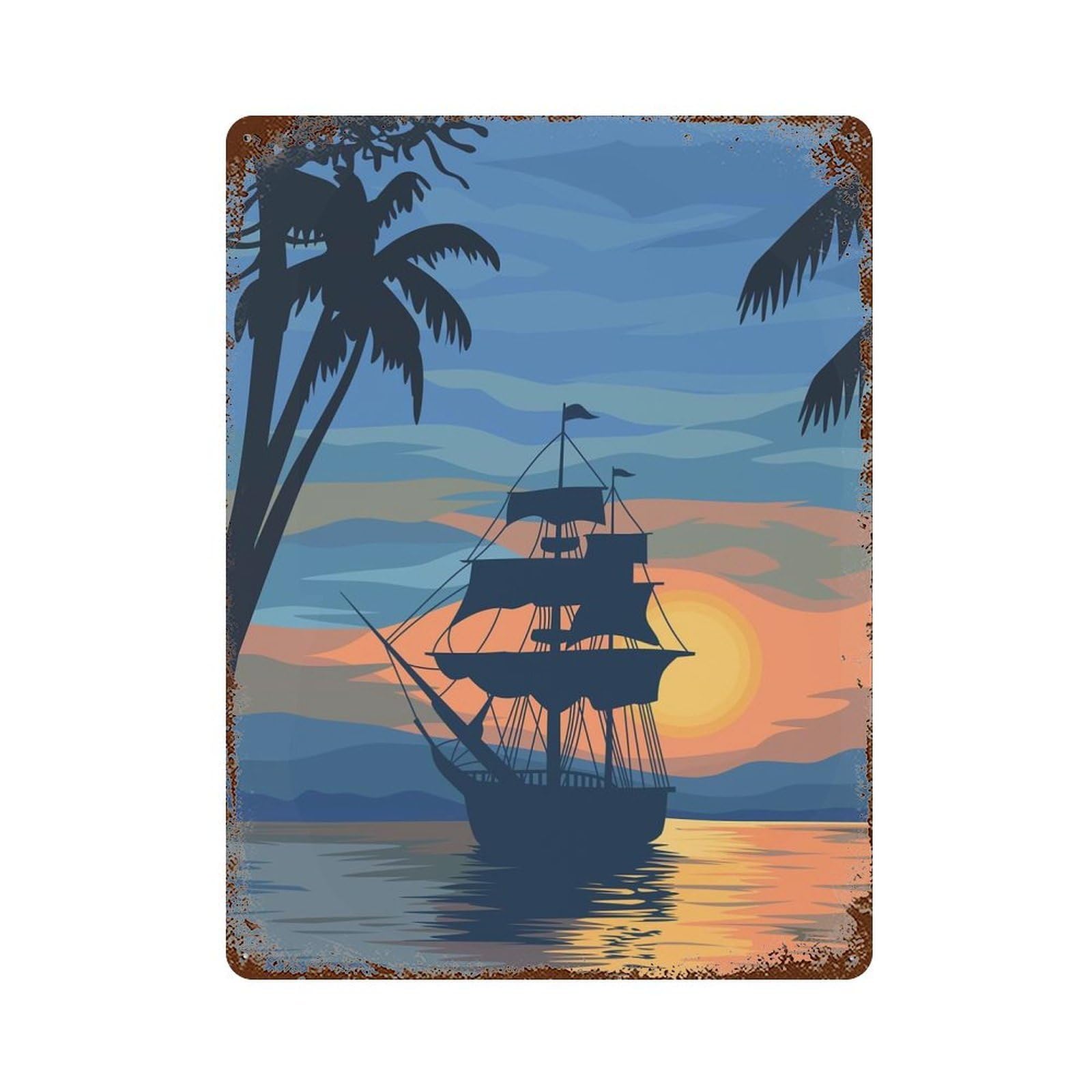Aged Metal Wall Plaque with Sunset Sailboat Design 15.7"x11.8", for Basement, Hobby Room And Garage Decor, Farmhouse Wall Decor