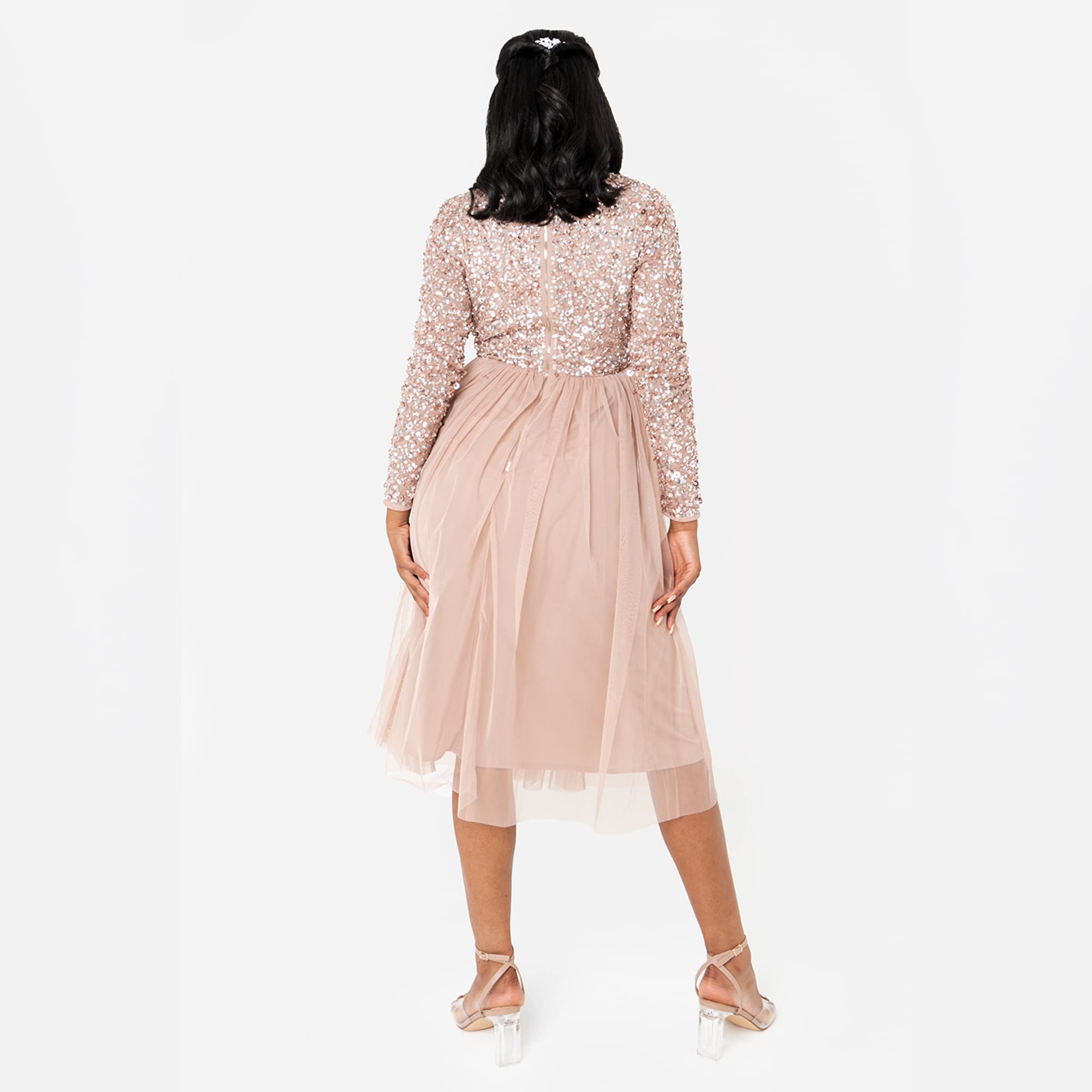 Maya Deluxe Midi Elegant Hochzeit Ärmel Tiefer V Ausschnitt Pailletten Cocktailkleid Abschlussball Brautjungfernkleid