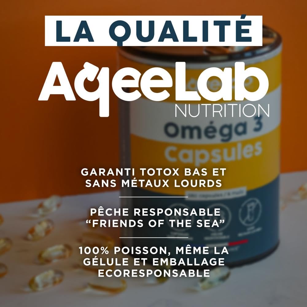 Omega 3 Epax 1000 mg • Ultra concentrés : 780 mg EPA + DHA • 180 capsules 100% poisson • 1 mois • TOTOX très bas • Pêche responsable • Fabriquée en France • Marque écoresponsable • AqeeLab Nutrition