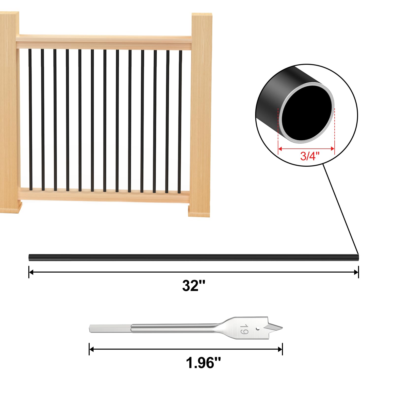Baluster Replacement 50-Pack 3/4 Inch Aluminum Deck Balusters - Hollow Round, Matte Black, 32 Inch Length For Wood/Composite Deck Railing Balusters For Staircase Interior