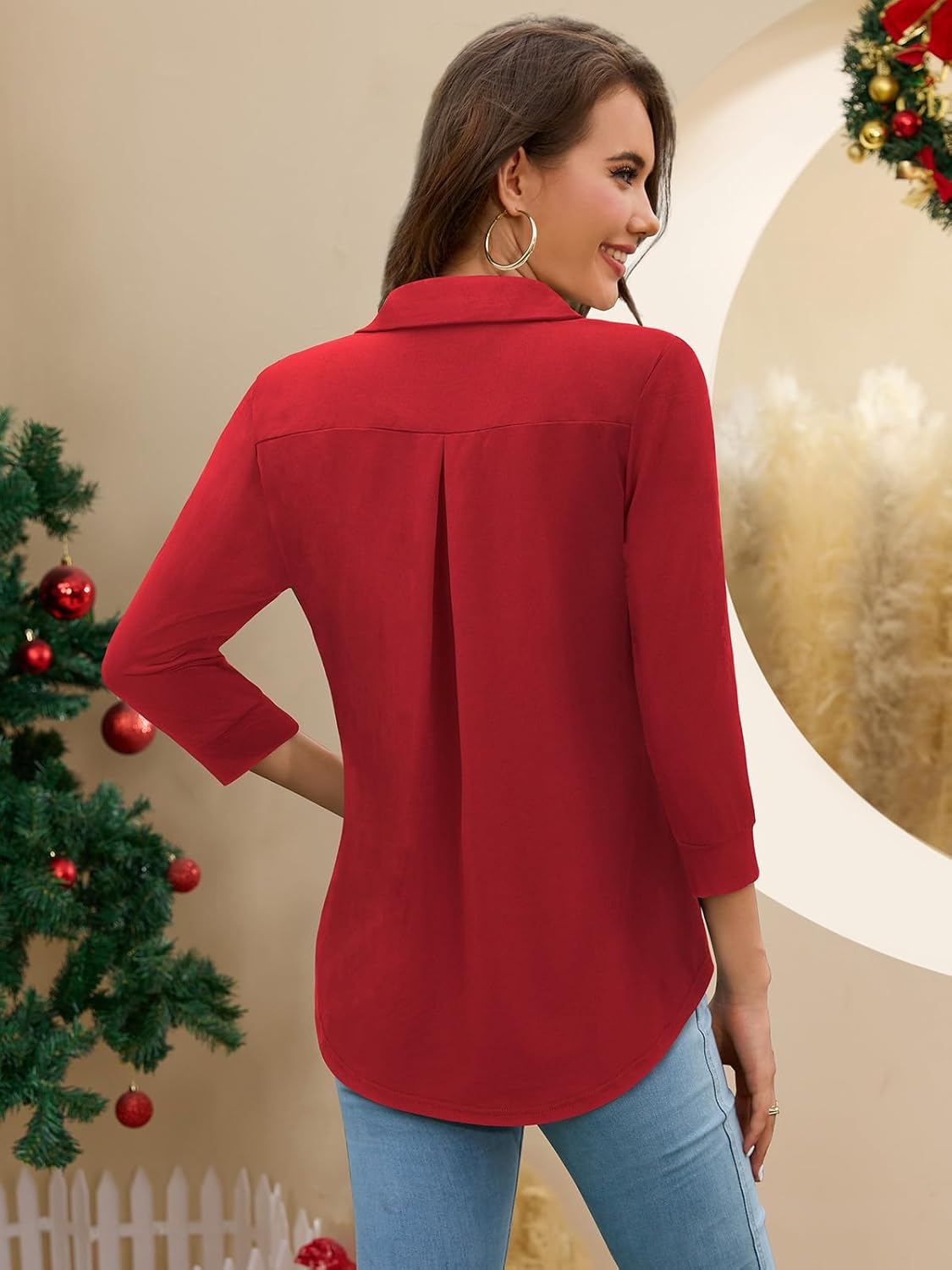 Bulotus 3/4 Length Sleeve Womens Tops Dressy Casual V Neck Collared Blouses Work Office Tunics 2026 Spring Summer - Image 4