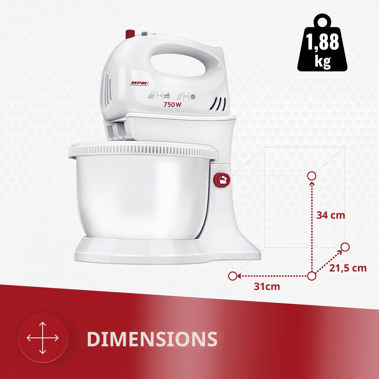 MPM MMR-16Z Mélangeur à Pâtisserie avec Bol Rotative 3,4 L, sans BPA, Robot Pâtissier Boulangerie Cuisine, 5 Vitesses + Turbo, Tiges et Crochet Pétrisseur en Acier Inoxydable, Blanc, 750W