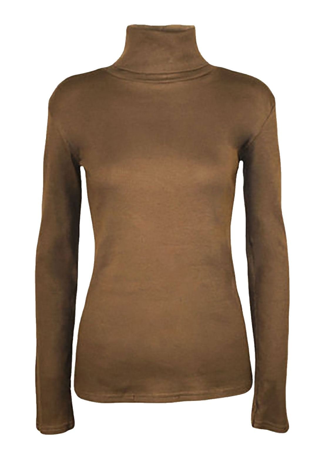 Ladies Long Sleeve Plain Turtle Neck Top Womens Casual Basic Polo Neck Top (Mocha UK 8-10)