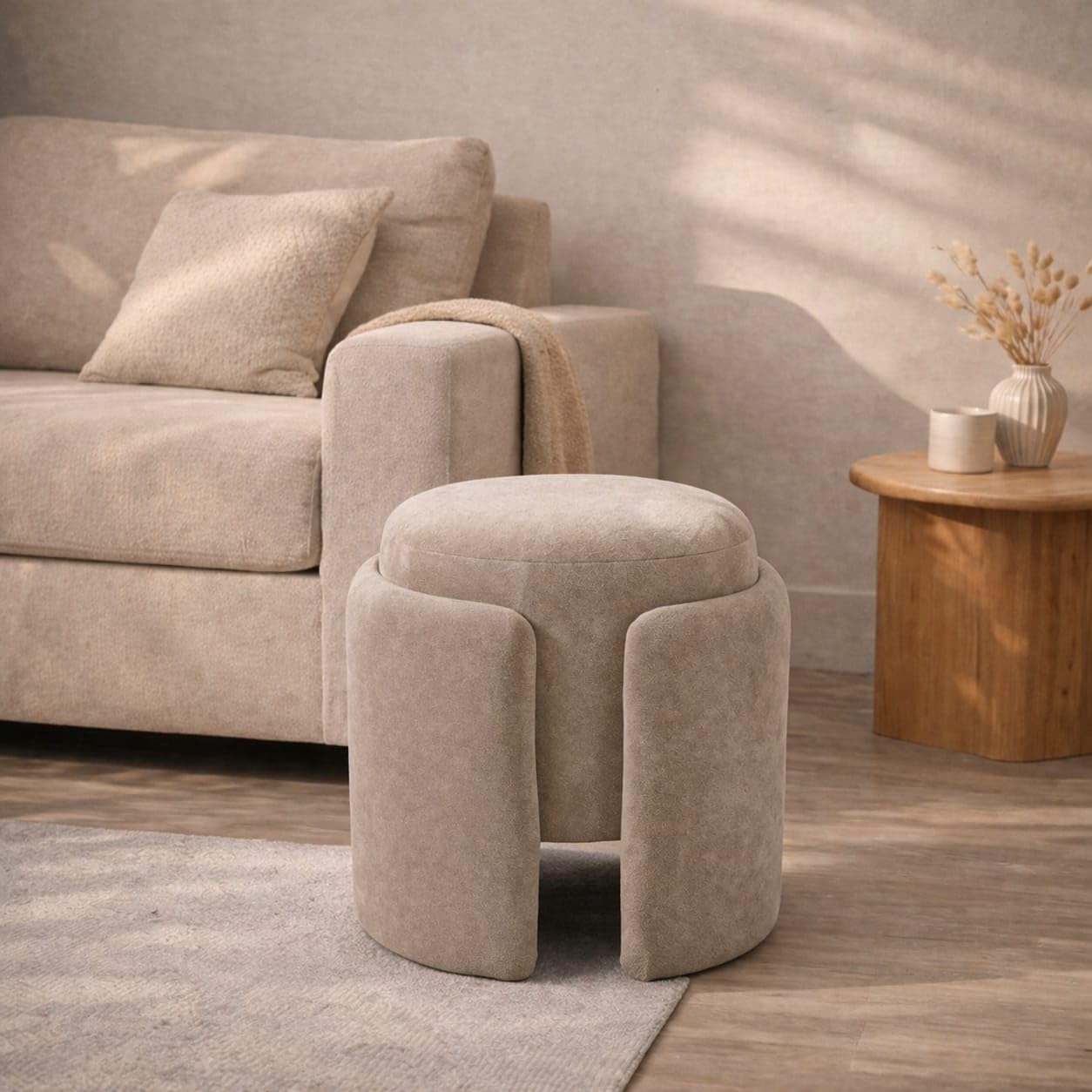 Jaico Plush Round Ottoman, Soft Terry Cloth Fabric, Padded Seat, Sculptural Cut-Out, Modern Architectural Form, (Beige)-image-39