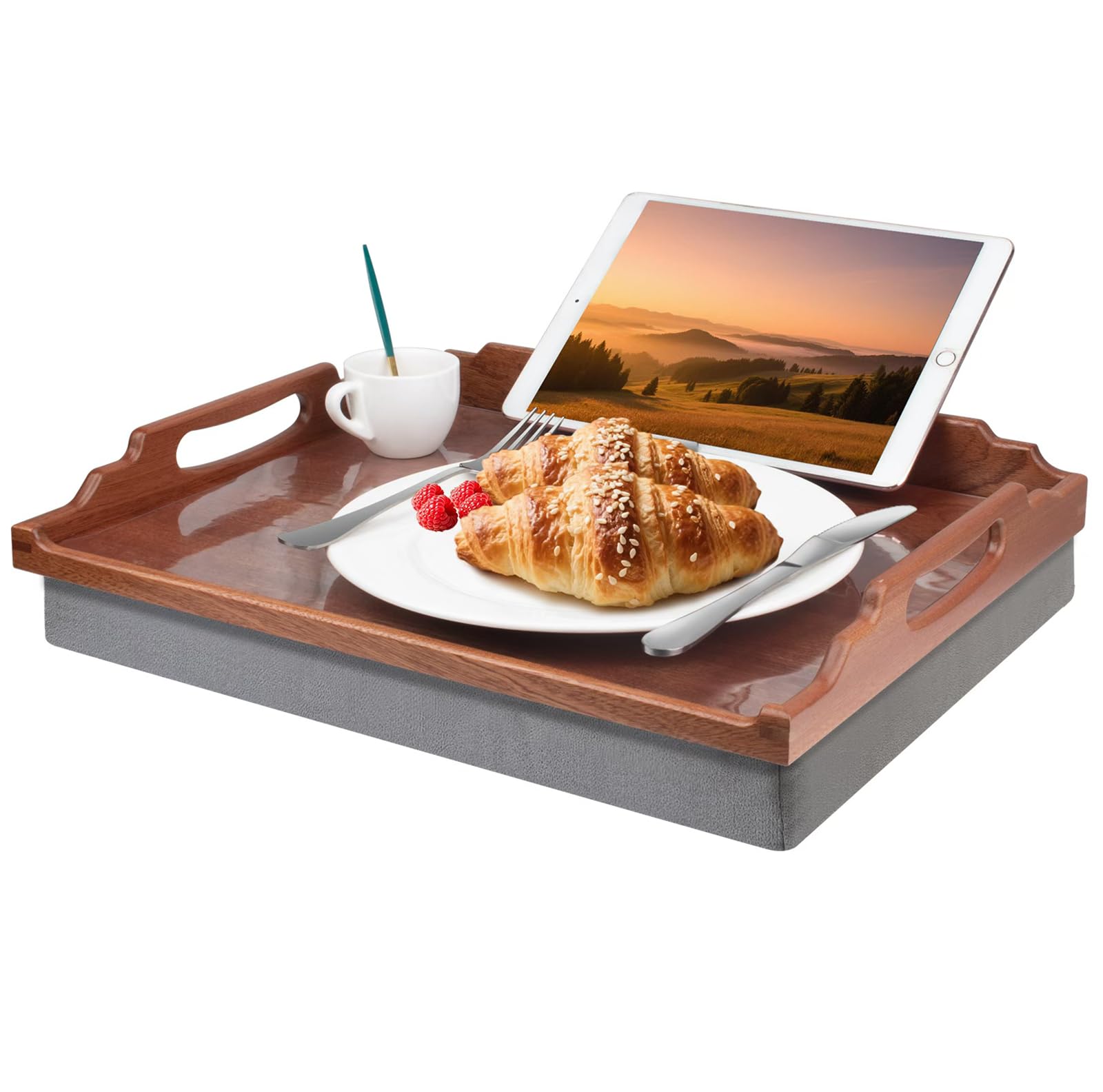 DRELIFAM Knietablett mit Kissen, Betttablett aus Holz zum Essen, Knietablett für Liegestuhl, Frühstückstablett, TV-Dinner-Betttablett für Essen (Sapele-Holz)