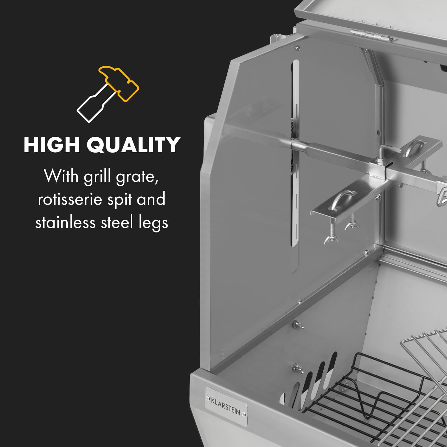Klarstein Sauenland Pro XL – grill do prosiaków, grill na węgiel drzewny, zamykany pojemnik, silnik elektryczny: 15 W, rożen obrotowy, ruszt do grillowania i nogi ze stali nierdzewnej, srebrny
