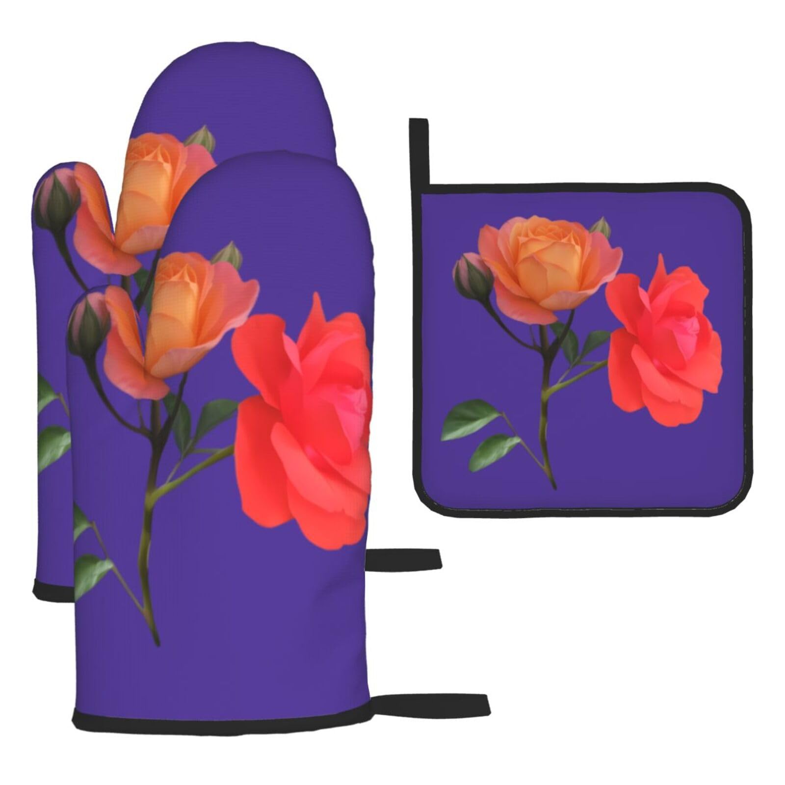 Bicolor Moonflower Oven mittens and oven mitts three-piece set suitable for oven, grilling, baking, microwave and home cooking.