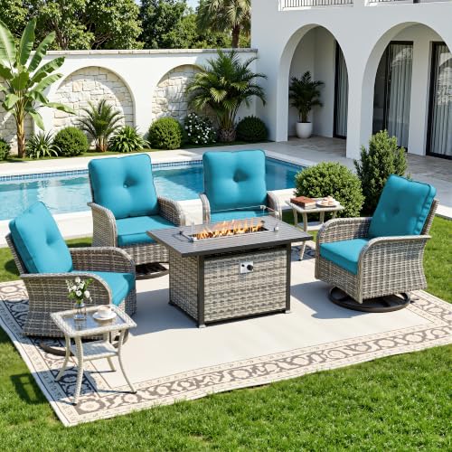 Image of 7-Piece Small Patio Furniture Set, Outdoor Swivel Rocking Chairs Set with 55,000 BTU Fire Pit Table Wicker Chairs and Tempered Glass Side Table, Patio Bistro Set for Balcony, Deck, Porch