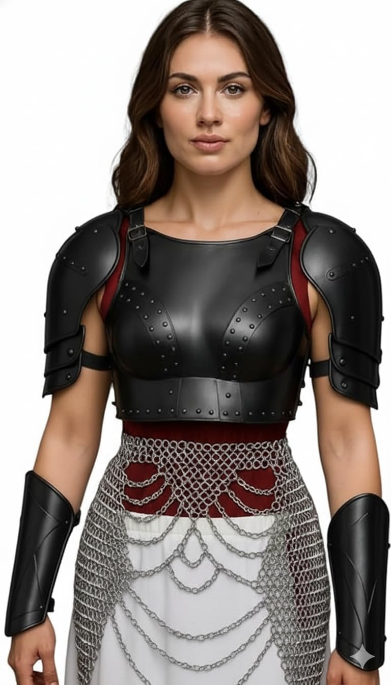 Medieval Brave Lady Armor Costume Handmade Chainmail Tasset-Medieval Female Fantasy Armor for LARP, Cosplay & Renaissance Fairs-Halloween, Fantasy & Theme Party Costume Black