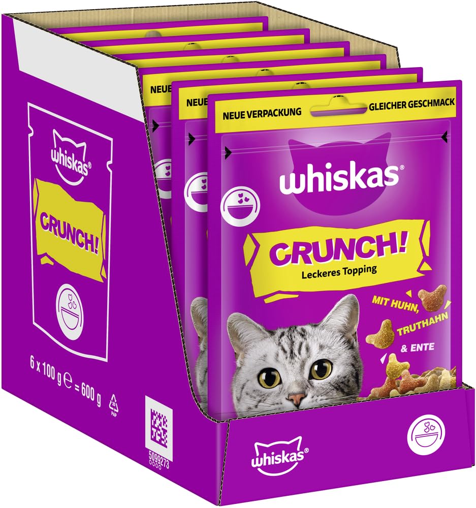 WHISKAS Crunch Katzensnacks Huhn, Pute & Ente 6 x 100g – Leckere Snacks mit Huhn, Pute und Ente