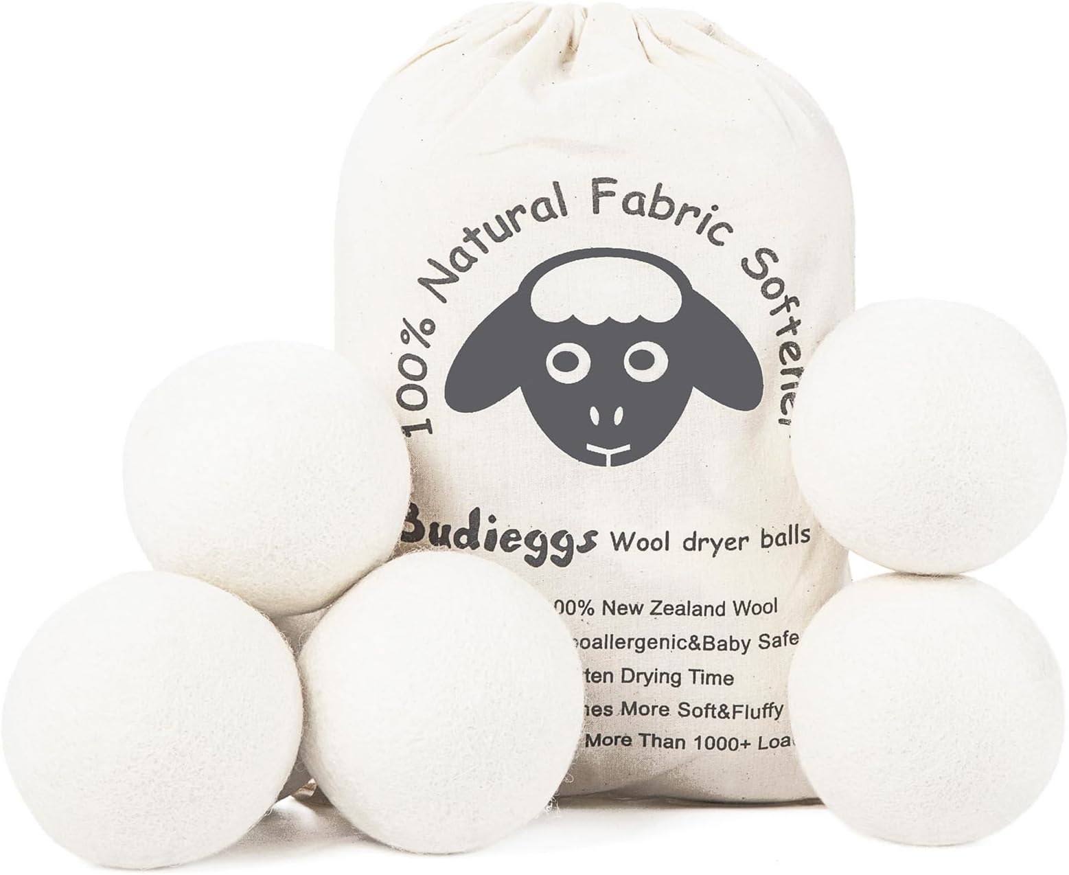 Budieggs Wool Dryer Balls Organic XL 6 Pack 100% New Zealand Chemical Free Fabric Softener 1000+ Road Baby Safe & Hypoallergenic, Naturally Wrinkled & Shortened Dry Time, White XL