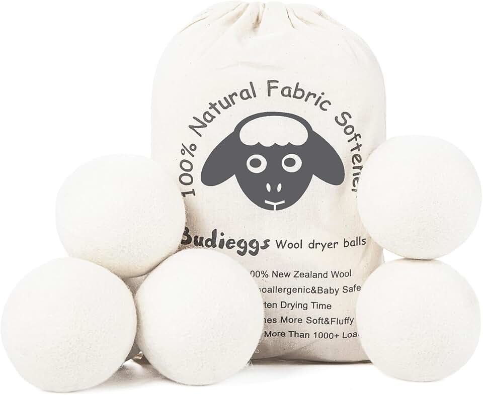 Budieggs Wool Dryer Balls Organic XL 6-Pack, 100% New Zealand Wool Chemical Free Fabric Softener for 1000+ Loads, Baby Safe & Hypo